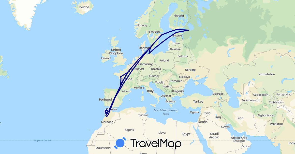 TravelMap itinerary: driving in Germany, Denmark, Estonia, Spain, Finland, France, Morocco, Russia, Sweden (Africa, Europe)
